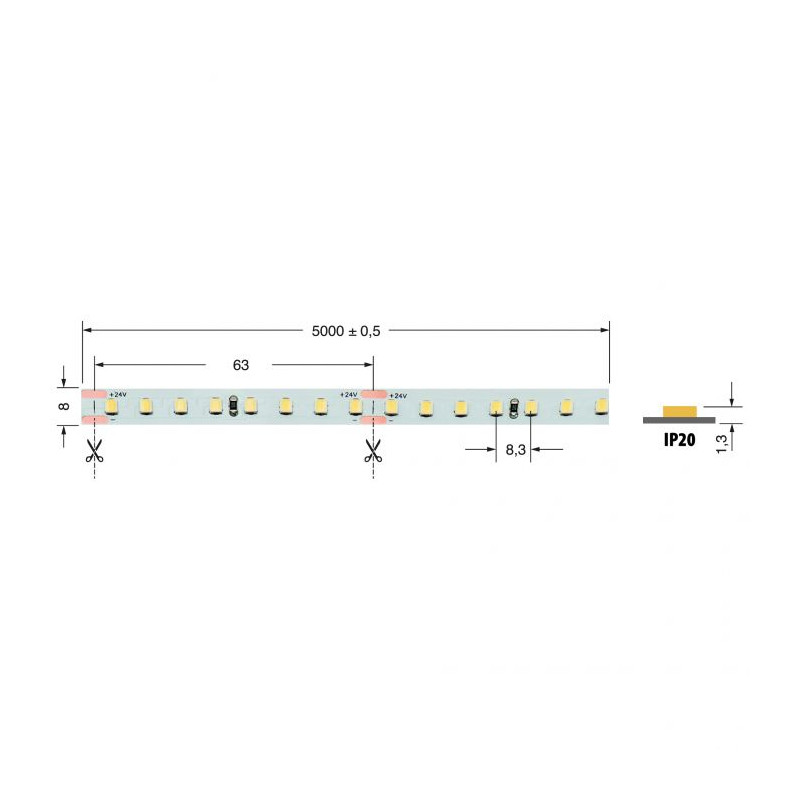 Striscia Led 5M 8W/M Bcc 24V Ip20- 2700°K ( ELCART cod. 186100500 )